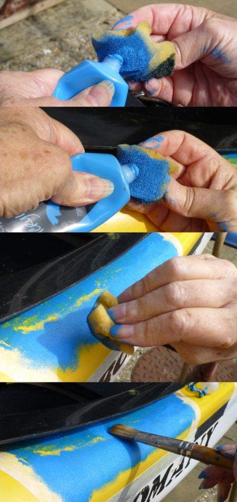 Painting blue using sponge and brush