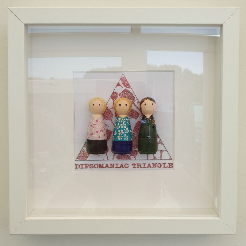 Dipsomaniac Traingle Peg Dolls by Debbie's Peg People, Framed